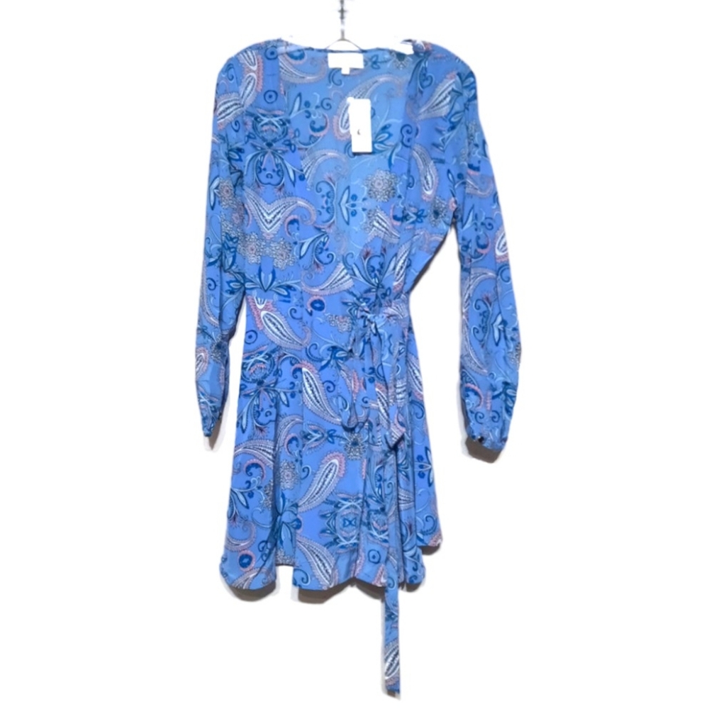 YUMI KIM Paisley Wrap Dress Silk Lavender Purple Pink Black Gold L 8 10 - Picture 8 of 11